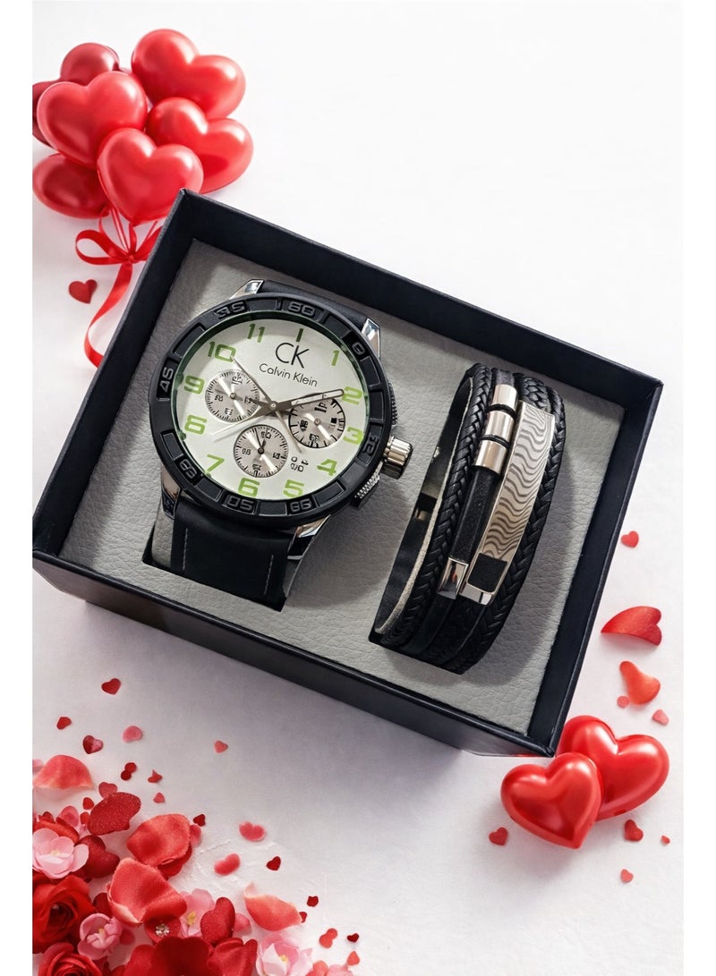 كالفن كلاين طقم ساعة رجالي أنيق مع سوار جلدي مضفّر – تصميم رياضي عصري - Image 1